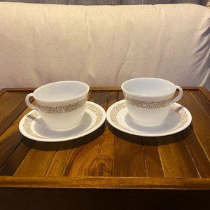 Corelle / Pyrex Woodland Flat Cup & Saucer - 2 sets .
